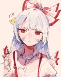  1girl bird bow chick collared_shirt fujiwara_no_mokou hair_bow head_tilt itomugi-kun long_hair red_eyes scratches shirt solo suspenders torn torn_clothes torn_shirt touhou white_background white_bow white_hair white_shirt 