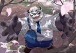  2023 anthro bear black_body black_nose cherry_blossom clothing detailed_background eyewear giant_panda glasses hi_res humanoid_hands kemoniku120 kemono male mammal necktie outside overalls overweight overweight_male plant sasayama_akira shirt solo topwear tree vtuber white_body 