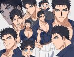  1boy :d bara belt black_hair blue_eyes blue_shirt brown_belt bursting_pectorals chibi chibi_inset closed_eyes closed_mouth domo_(domo_kizusuki) eyelashes grey_background grey_shirt hand_in_pocket hand_on_own_face highres large_pectorals looking_at_viewer male_focus multiple_views muscular muscular_male one_eye_closed open_mouth original pants partially_unbuttoned pectorals shido_(domo) shirt short_hair sideburns smile thick_eyebrows v-neck veins white_pants 