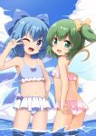  2girls bare_arms bare_legs bare_shoulders bikini blue_bikini blue_bow blue_eyes blush bow cirno collarbone daiyousei day detached_wings fairy fairy_wings green_eyes green_hair hair_between_eyes hair_bow highres ice ice_wings long_hair multiple_girls navel one_eye_closed open_mouth outdoors pink_bikini side_ponytail smile swimsuit touhou v water wings yuuma_(skirthike) 