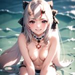  1girl absurdres ai-generated arishah beach bikini breasts breasts_squeezed_together demon_girl from_above highres hololive horns kneeling nakiri_ayame navel ocean oni oni_horns petite smile stable_diffusion swimsuit virtual_youtuber 