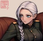  1girl absurdres blue_eyes braid breasts couch elf highres large_breasts military_uniform on_couch original pointy_ears redteneri single_braid uniform white_background white_hair 