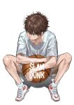  1boy absurdres aged_down ankle_socks ball basketball_(object) brown_eyes brown_hair chamuring closed_mouth crying english_text full_body highres holding holding_ball hugging_object looking_to_the_side male_focus miyagi_ryouta on_ground shadow shirt shoes shorts sitting slam_dunk_(series) sneakers socks solo undercut wavy_hair white_background white_footwear white_shirt white_shorts white_socks 