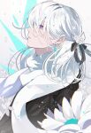  1boy bishounen black_ribbon bow butterfly_earrings earrings expressionless flower hair_bow hair_flower hair_ornament highres jewelry ka1_(user_hkdw4252) looking_up male_focus original profile purple_eyes ribbon rose solo upper_body white_flower white_hair white_rose 