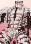  2023 abdominal_scar abs absurd_res anthro arknights arm_scar balls barely_contained belt black_clothing black_hair black_stripes black_underwear blue_eyes blush bulge clothed clothing eye_scar facial_hair facial_scar felid fur genitals goatee gradient_background hair hi_res holding_object hypergryph leg_scar liuoie2 low-angle_view male mammal mountain_(arknights) necktie nipples pantherine pecs penis pink_background pubes raised_clothing raised_shirt raised_topwear scar shirt siberian_tiger simple_background solo striped_body striped_fur stripes studio_montagne suspenders tail_scar thigh_scar tiger topwear translucent translucent_clothing translucent_underwear underwear vein veiny_penis white_body white_fur white_hair 