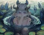  1girl black_horns blue_eyes collarbone commentary covered_mouth english_commentary grey_hair hair_between_eyes hands_up highres horns lily_pad long_hair looking_at_viewer multiple_horns nude original partially_submerged photoshop_(medium) pincers scales seuyan solo water 