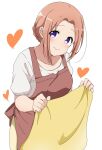  1girl apron blush breasts brown_apron brown_hair closed_mouth collarbone commentary_request cowboy_shot gochuumon_wa_usagi_desu_ka? heart highres holding hoto_cocoa&#039;s_mother looking_at_viewer medium_breasts parted_bangs purple_eyes riyo_(aokiwazumi) shirt short_hair short_hair_with_long_locks short_sleeves sidelocks simple_background skirt smile solo standing white_background white_shirt yellow_skirt 
