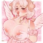  &lt;3 2023 5_fingers accessory anthro areola big_breasts blush bow_accessory bow_ribbon breast_grab breast_squish breasts bust_portrait canid canine canis cleavage cleavage_overflow clothed clothing collar digital_drawing_(artwork) digital_media_(artwork) domestic_dog dress eyebrows eyelashes feathered_wings feathers female fingers floppy_ears freckles frilly frilly_clothing fur fur_markings glistening glistening_body glistening_breasts glistening_eyes gloves hair hair_accessory hairclip hand_on_breast handwear heart_(marking) hi_res holding_breast huge_breasts jewelry lace looking_at_viewer mammal markings multicolored_body multicolored_fur necklace nipples nsfwzhenya off_shoulder pink_areola pink_background pink_clothing pink_dress pink_eyes pink_nipples pink_nose pink_theme portrait ribbons short_hair simple_background solo solo_focus sparkles spread_wings squish star tan_body tan_fur white_background white_body white_clothing white_fur white_gloves white_hair white_handwear wings 