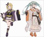  2girls ;d blonde_hair blue_eyes boots green_hair grey_background hair_between_eyes hair_ribbon hairband hakusai_(tiahszld) hatsune_miku high_heel_boots high_heels japanese_clothes kagamine_rin kimono long_hair long_sleeves multiple_girls one_eye_closed orange_footwear orange_kimono orange_ribbon pinching_sleeves project_sekai purple_footwear purple_kimono ribbon ribbon_trim shoes short_kimono simple_background sleeves_past_wrists smile standing standing_on_one_leg twintails very_long_hair vocaloid white_hairband wide_sleeves 