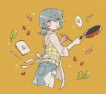  1boy apron blue_eyes blush bread chopsticks denim egg ensemble_stars! food grey_hair jeans looking_at_viewer male_focus nig_18 open_mouth pants salad shiina_niki shirt short_hair solo toast tomato white_apron white_shirt yellow_background 