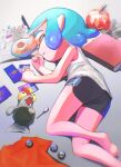  1girl ass azkrock barefoot black_shorts blue_hair book closed_eyes domino_mask feet fish highres inkling inkling_girl legs lying mask on_side pen pointy_ears shirt short_hair short_shorts shorts sleeping sleeveless sleeveless_shirt smallfry_(splatoon) soles splatoon_(series) splatoon_3 suction_cups tears tentacle_hair thighs toes white_shirt 