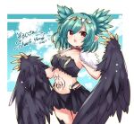  1girl bird_legs black_feathers black_wings blush breasts claws commentary feathers green_hair harpy indie_virtual_youtuber lincoro monster_girl navel open_mouth pointy_ears red_eyes short_hair short_twintails small_breasts solo stomach_tattoo tattoo thank_you tiara twintails ueji_bun virtual_youtuber winged_arms wings 