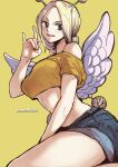  1girl angel_wings aosora2823 blonde_hair braid conis_(one_piece) denim grey_eyes highres jeans midriff one_piece pants shirt smile white_shirt wings yellow_background 