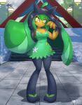  anthro breasts female generation_9_pokemon green_hair hair hi_res nintendo ogerpon outside pokemon pokemon_(species) rilex_lenov solo yellow_eyes 