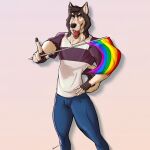  anthro black_body black_fur blue_bottomwear blue_clothing blue_jeans blue_pants bottomwear canid canine canis clothing denim denim_clothing depictionexpress domestic_dog fur gesture hi_res husky jeans male mammal nordic_sled_dog pants pink_background pointing pointing_at_viewer pride_color_flag shirt simple_background solo solo_focus spitz t-shirt tan_body tan_fur topwear 