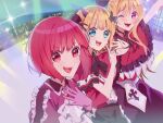  3girls arima_kana blonde_hair blue_eyes bob_cut dress gloves happy hat highres hoshino_ruby idol idol_clothes inverted_bob memcho multiple_girls open_mouth oshi_no_ko pink_gloves red_dress red_eyes red_hair short_hair smile star_(symbol) yamabukiyuki 