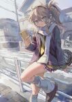  1girl absurdres bag blue_eyes blue_nails brown_hair cardigan commentary_request duffel_bag earmuffs hair_between_eyes hand_on_railing highres holding holding_phone house jacket kasukabe_tsumugi kyo_mizusawa leg_up long_hair looking_at_viewer loose_socks miniskirt necktie one_side_up outdoors parted_lips phone plaid plaid_skirt pleated_skirt power_lines railing scarf sidelocks sitting_on_railing skirt socks voicevox winter 
