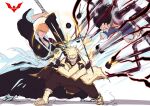  3boys animal_print bat_print batm_andrew black_hair bleach blonde_hair crossover facial_mark fighting highres kurosaki_ichigo male_focus monkey_d._luffy multiple_boys naruto_(series) naruto_shippuuden one_piece orange_hair short_hair shorts sketch smile spiked_hair uzumaki_naruto weapon whisker_markings 