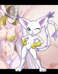  angewomon anthro bandai_namco blue_eyes blush breasts clothing digimon digimon_(species) duo female female/female gatomon gloves handwear heigani humanoid one_eye_closed smile white_body wink 