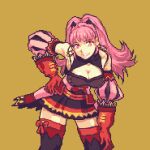  1girl bare_shoulders black_skirt black_thighhighs breasts cleavage commentary cowboy_shot detached_sleeves dress fire_emblem fire_emblem:_three_houses glaceo gloves grin hilda_valentine_goneril large_breasts leaning_forward long_hair looking_at_viewer pink_dress pink_eyes pink_hair pink_lips pixel_art puffy_sleeves red_gloves simple_background skirt smile solo standing thighhighs very_long_hair yellow_background 