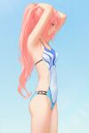  1girl arms_up blue_eyes breasts from_side gradient_background highres long_hair miura-n315 one-piece_swimsuit pink_hair ponytail shionne_(tales) small_breasts solo swimsuit tales_of_(series) tales_of_arise 
