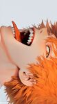  1boy bishounen chainsaw_man deltapork denji_(chainsaw_man) from_side highres looking_at_viewer male_focus sharp_teeth simple_background solo teeth tongue tongue_out upper_body white_background 