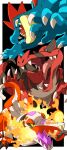  45_(maruyaki45) absurdres animal_focus black_background black_sclera border claws colored_sclera crocodile crocodilian dated_commentary fangs feraligatr fire highres krookodile looking_at_viewer no_humans open_mouth outside_border pokemon pokemon_(creature) sharp_teeth skeledirge slit_pupils teeth tongue white_border yellow_eyes 