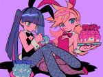  2girls animal_ear_headwear black_bow black_bowtie black_footwear black_leotard blonde_hair blue_eyes blue_nails blunt_bangs blush bow bowtie breasts cake cake_slice character_name detached_collar eating eyelashes fishnet_pantyhose fishnets food food_on_body food_on_breasts food_on_face fork highres holding holding_cake holding_food holding_fork icing kneeling leotard licking_lips long_hair menma_(enaic31) multiple_girls panty_&amp;_stocking_with_garterbelt panty_(psg) pantyhose playboy_bunny purple_background rabbit_tail red_bow red_bowtie red_footwear red_leotard red_nails siblings sisters sitting small_breasts stocking_(psg) tail tongue tongue_out twintails twitter_username wrist_cuffs 