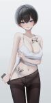  1girl bare_shoulders blue_eyes breasts calvin_klein chest_tattoo cleavage clothes_pull collarbone gwan-e highres holding holding_phone large_breasts looking_at_viewer navel original panties pantyhose pantyhose_pull phone shirt short_hair solo spaghetti_strap stomach_tattoo sweat tattoo thighband_pantyhose underwear white_panties white_shirt 
