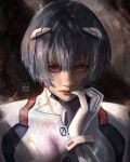  1girl ayanami_rei blue_hair bodysuit hairpods hand_up highres looking_at_viewer neon_genesis_evangelion pilot_suit red_eyes sebijy1 short_hair solo upper_body white_bodysuit 