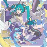  2girls aqua_eyes aqua_hair bandaid bandaid_on_leg belt blue_eyes blue_hair blue_necktie claw_pose claws double_bun dragon dragon_miku_(project_voltage) electricity fake_horns gloves hair_bun hatsune_miku headphones highres horns long_hair looking_at_viewer mirai_donna_darou_(vocaloid) miraidon multiple_girls necktie ohanamisakura one_eye_closed open_mouth pants pleated_skirt pokemon pokemon_(creature) project_voltage side_cape skirt very_long_hair vocaloid white_pants 