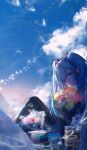  1girl aoi-_(yooseina) bare_shoulders black_skirt black_thighhighs blue_eyes blue_hair blue_sky bouquet bug butterfly cd_case closed_mouth cloud cloudy_sky commentary curtains detached_sleeves dusk english_commentary evening eyes_visible_through_hair feet_out_of_frame flower from_side hair_over_one_eye hatsune_miku headset highres holding holding_bouquet indoors knee_up long_hair long_sleeves looking_at_viewer number_tattoo pink_flower pleated_skirt reflection shirt sidelocks sitting skirt sky sleeveless sleeveless_shirt smile solo star_trail tattoo thighhighs twintails very_long_hair vocaloid white_flower white_shirt window yellow_flower 