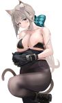  1girl absurdres animal_ear_fluff animal_ears ankle_boots areola_slip bare_shoulders black_bra black_footwear black_gloves black_panties black_pantyhose blush boots bra breasts cat_ears cat_girl cat_tail cleavage collarbone facial_mark genshin_impact gloves grey_hair hair_ornament highres large_breasts long_hair looking_at_viewer lynette_(genshin_impact) panties panties_under_pantyhose pantyhose parted_lips purple_eyes simple_background solo star_(symbol) star_facial_mark tail thighs underboob underwear usagol7 white_background 