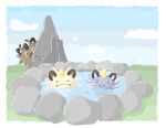  :3 alolan_meowth blue_sky blush_stickers cat claws closed_eyes cloud coin galarian_meowth highres meowth no_humans one-hour_drawing_challenge onsen pocketekcop pokemon pokemon_(creature) sharp_teeth sky teeth whiskers white_background yellow_eyes 
