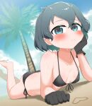  1girl absurdres bikini black_bikini black_gloves black_hair blue_eyes blue_sky blush breasts chis_(js60216) cloud day dutch_angle front-tie_bikini_top front-tie_top gloves highres kaban_(kemono_friends) kemono_friends looking_at_viewer lying on_stomach outdoors palm_tree short_hair side-tie_bikini_bottom sky small_breasts smile solo swimsuit tree 
