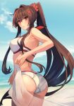  1girl ass bikini blue_sky breasts brown_eyes brown_hair commentary_request flower from_behind hair_between_eyes hair_flower hair_ornament highres kantai_collection kasumi_(skchkko) large_breasts long_hair looking_at_viewer looking_back ocean parted_lips ponytail sarong sky solo swimsuit white_bikini yamato_(kancolle) 