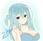  1girl 2019 aqua_eyes aqua_hair bare_shoulders beads blue_background blue_bra bra bra_pull breasts cleavage close-up closed_mouth clothes_pull collarbone commentary_request crossed_bangs dated double-parted_bangs eyelashes frilled_bra frills hair_beads hair_between_eyes hair_ornament hand_up hirocchi large_breasts light_blush long_hair looking_at_viewer one_side_up pulled_by_self riddle_joker shikibe_mayu shiny_skin sidelocks signature simple_background smile solo underwear 