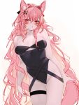  1girl animal_ear_fluff animal_ears arknights bangs black_leotard blush breasts extra_ears hair_intakes hair_ornament highleg highleg_leotard kochiya_(gothope) leotard long_hair looking_at_viewer medium_breasts pink_eyes pink_hair pozyomka_(arknights) simple_background solo strapless strapless_leotard tail thigh_strap white_background wolf_ears wolf_girl wolf_tail 