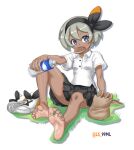  1girl absurdres bare_legs barefoot bea_(pokemon) black_skirt blue_eyes bottle breasts dark-skinned_female dark_skin food_in_mouth grass grey_hair hair_ribbon highres holding holding_bottle looking_at_viewer pokemon pokemon_(game) pokemon_swsh ribbon shoes shoes_removed short_hair simple_background sitting skirt small_breasts soles solo toes tsukimaru_(ls_99ml) white_background 