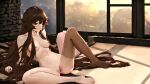  absurd_res brown_hair clothing colored_nails erect_nipples female genitals genshin_impact hair hi_res hu_tao_(genshin_impact) human legwear long_hair lying mammal mihoyo nails nipples pussy ralyeh solo spread_legs spreading stockings sunset 