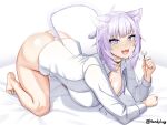  1girl animal_ear_fluff animal_ears ass blush bottomless breasts cat_ears cat_girl cat_tail cleavage collared_shirt dress_shirt handplug highres hololive large_breasts light_purple_hair long_sleeves looking_at_viewer nekomata_okayu open_mouth purple_eyes shirt short_hair smile solo tail virtual_youtuber white_shirt 