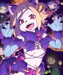  8_humi animal_ears blonde_hair candy candy_cane capella_emerada_lugnica claw_pose claws commentary_request dog_ears elsa_granhilte fangs food fur_collar fur_trim highres meili_portroute navel pink_eyes pumpkin puppet re:zero_kara_hajimeru_isekai_seikatsu ribbon roy_alphard short_hair tail tongue tongue_out 