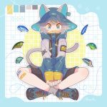  1other androgynous animal_hat aqua_eyes aqua_headwear aqua_nails bandaid bandaid_on_knee bandaid_on_leg black_footwear black_shorts blue_footwear blue_jacket blue_pupils blush bucket_hat cat_hat cat_tail commentary_request drawstring fang fish fish_hat_ornament fishing_hook fishing_lure full_body grey_hair grey_socks grey_tail grid_background hat hat_ornament indian_style jacket long_sleeves looking_at_viewer mouth_hold multicolored_eyes multicolored_hair orange_eyes original outline shoes short_eyebrows short_hair shorts signature sitting skin_fang smile sneakers socks solo sorata123 streaked_hair tail white_jacket white_outline 