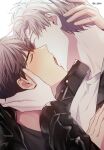  2boys absurdres black_jacket black_shirt blush brown_hair closed_eyes french_kiss hands_on_another&#039;s_face highres ilay_riegrow jacket jeong_taeui kiss male_focus multiple_boys o_ssion open_clothes passion_(manhwa) shirt simple_background white_background white_hair white_shirt yaoi 