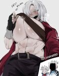  1girl 2boys abs absurdres blush breasts chest_belt coat dante_(devil_may_cry) devil_may_cry_(series) devil_may_cry_3 fangs fingerless_gloves genderswap genderswap_(mtf) gloves highres jacket kurenaiz1 large_breasts looking_at_another looking_at_viewer multiple_boys muscular muscular_female nero_(devil_may_cry) open_mouth red_coat red_jacket shaded_face short_hair simple_background smile twitter_username underboob vergil_(devil_may_cry) white_background white_hair 