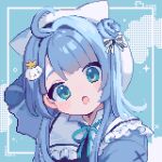  1girl :o ahiru_tokotoko ahoge aqua_background aqua_eyes blue_hair commentary_request commission doughnut_hair_bun hair_bun hair_ornament head_tilt highres indie_virtual_youtuber long_hair looking_at_viewer multiple_sources open_mouth original parted_bangs pixel_art sidelocks signature single_hair_bun skeb_commission solo upper_body virtual_youtuber 