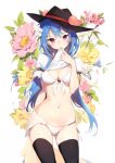  1girl absurdres arm_garter bikini black_thighhighs blue_hair blush breasts cleavage clothes_lift cowboy_shot floral_background flower food fruit groin hat head_tilt highres hinanawi_tenshi leaf lifted_by_self long_hair looking_at_viewer medium_breasts mouth_hold navel peach red_eyes revision shirt_lift short_sleeves side-tie_bikini_bottom skirt skirt_removed solo standing stomach swimsuit tetsurou_(fe+) thighhighs touhou underwear white_bikini 