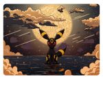  absurdres animal_focus bitsyfoxy cloud commentary falling_star full_moon highres looking_at_viewer moon night no_humans pokemon polaroid red_eyes red_nose ripples sitting sitting_on_water solo star_(sky) straight-on umbreon water 