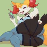  1:1 2023 5_fingers anthro areola big_butt biped braixen breasts butt clothing digital_media_(artwork) female fingers game_boy game_boy_family generation_6_pokemon green_background hi_res holding_game_boy holding_object huge_butt juzztie medium_breasts nintendo nipples one_eye_closed open_mouth open_smile pokemon pokemon_(species) pokemorph purple_eyes rista_(vulfox) seductive simple_background smile solo squish thick_thighs thigh_squish tongue tongue_out translucent translucent_clothing translucent_topwear 