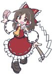  1girl :d ascot bow brown_eyes brown_footwear brown_hair frilled_skirt frills full_body gohei hair_bow hair_tubes hakurei_reimu holding looking_at_viewer medium_hair ofuda open_mouth parody puyopuyo red_bow red_shirt red_skirt ribbon-trimmed_skirt ribbon-trimmed_sleeves ribbon_trim shide shinmon_akika shirt sidelocks simple_background skirt smile solo style_parody touhou white_background yellow_ascot 